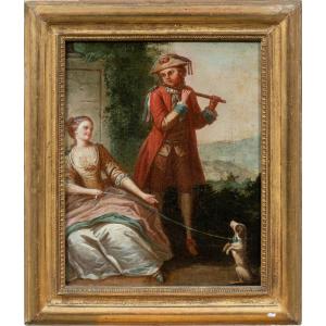 Peintre français (XVIIIe siècle) - Joueur de flûte et chien.
