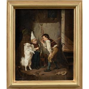 German Realist Painter (19th Century) - Two Children Training A Dog.