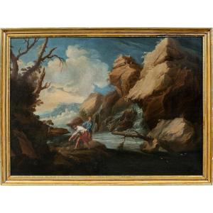 Attribué à Bartolomeo Pedon (Venise 1665 - Venise 1732) - Paysage fluvial avec pêcheurs.