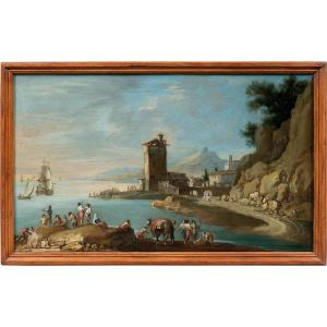 Attribué à Francesco Simonini (XVIII) - Paysage portuaire avec tour et personnages.