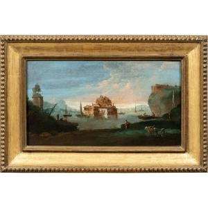 Giuseppe Bernardino Bison (XVIII) - Paysage fantastique avec citadelle et statue équestre.