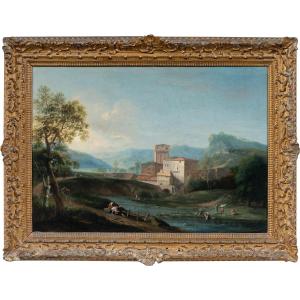 Marco Ricci (Belluno 1676 - Venise 1730) - Paysage idyllique avec rivière et moulin.