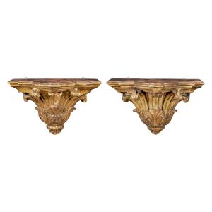 Pair Of Carved And Gilded Wall Brackets. Italy, 18th Century.