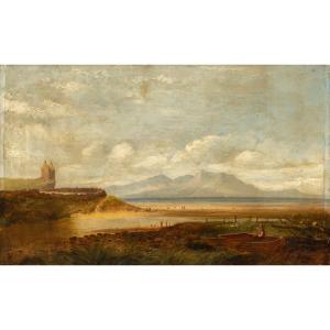 British Painter (late 19th Century) - Coastal Landscape With Castle And Fisherman.