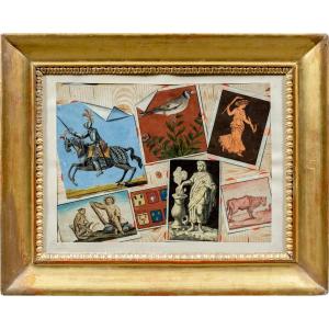 Peintre français (XIXe siècle) - Trompe-l'œil avec estampes de collection.
