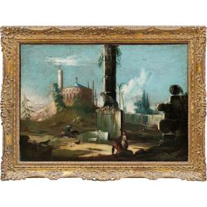 Venetian Painter (xviii) - Architectural Capriccio With Classical Ruins And Heraldic Lion.