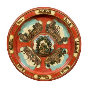 Decorative Plate In Lacquered Wood With "arte Povera" Print Applications. Turin, 18th Century.