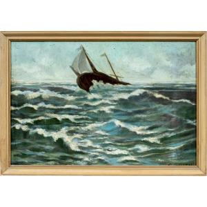 Peintre européen (XIXe-XXe siècle) - Marine avec un voilier en pleine tempête.