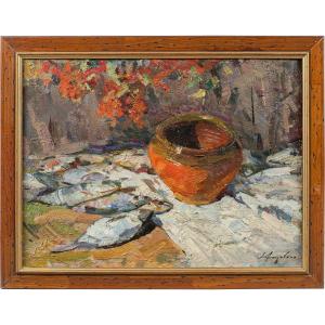 Lev Pavlovitch Khodchenko (Shimanovka 1912-1998) - Nature morte aux poissons et au vase.