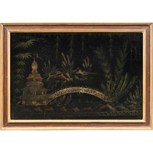 Peintre européen de style chinois (XVIIIe siècle) - Scène orientale avec pagode et pont.