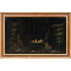 Peintre européen de style chinois (XVIII) - Scène orientale avec une barque sur une rivière.