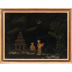 Peintre européen de style chinois (XVIIIe siècle) - Scène orientale avec pagode.