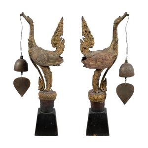 Pair Of Thai Temple Birds In Gilded Bronze With Bells. Thailand, 19th Century.