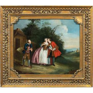 Disciple de Nicolas Lancret (Paris 1690 - Paris 1743) - Scène galante dans un paysage.