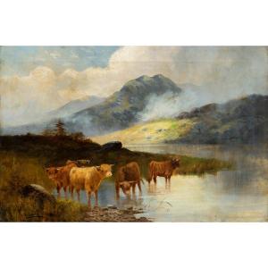 Peintre britannique (fin du XIX) — Paysage avec troupeau de vaches Highland au bord d'un lac.
