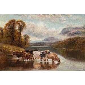 William Vivian Tippett (Britannique, 1833-1910) - Paysage avec bétail traversant un gué.