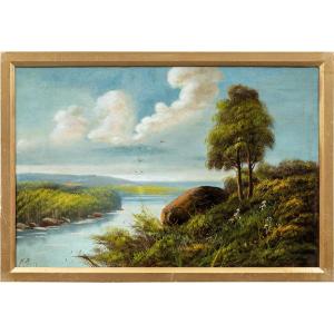 Sidney Richard Percy (Londres 1822 - Bedfordshire 1886) - Paysage fluvial avec hirondelles.