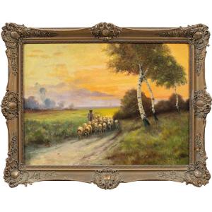 Peintre hongrois (XIXe siècle) - Paysage avec troupeau au coucher du soleil.