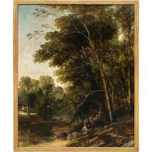 Peintre anglais (XIXe siècle) - Paysage fluvial avec pêcheur et messager.