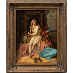 Orientalist Painter (19th Century) - Odalisque With Parrot.