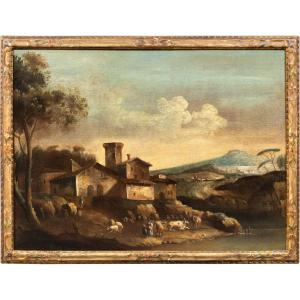 Francesco Tironi (Venise 1745 - Venise 1797) - Paysage vénitien avec bergers et troupeaux.