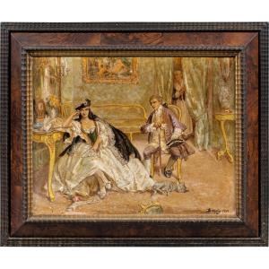 Vittorio Emanuele Bressanin (Musile di Piave 1860–Venise 1941) - Intérieur à scène romantique.