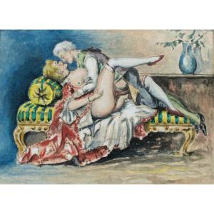 Peintre français (XIXe-XXe siècle) - Scène érotique.