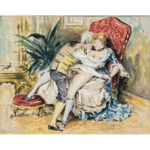 Peintre français (XIXe-XXe siècle) - Scène érotique.