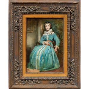 Peintre romantique (seconde moitié du XIXe siècle) - Portrait d'une dame en costume médiéval.
