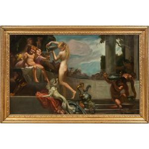 Mattia Traverso (Gênes 1885 - Gênes 1956) - Grande scène de banquet avec chérubins et nymphes.