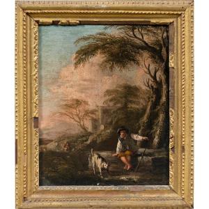 Peintre romain (XVIIe-XVIIIe siècle) - Paysage avec berger et chien.