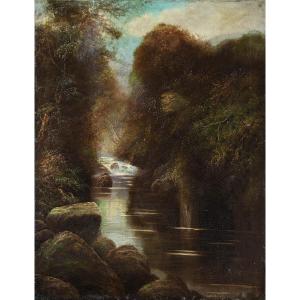 W. Miller (Britannique, fin du XIXe siècle) - Paysage boisé avec ruisseau.