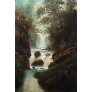 S.W. Clifford (Britannique, fin du XIXe siècle) - Paysage boisé avec cascade.