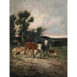 Peintre européen (XIXe siècle) - Paysage avec bétail et troupeau au crépuscule.