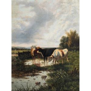 Peintre européen (XIXe siècle) - Paysage avec bétail au gué.