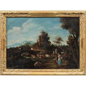 Giuseppe Zais (Forno di Canale 1709 - Trévise 1784) - Paysage aux lavandières.