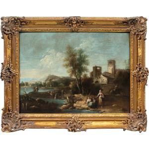 Giuseppe Zais (Forno di Canale 1709 - Trévise 1784) - Paysage avec bergères et village.