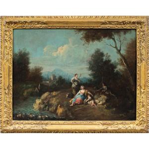 Giuseppe Zais (Forno di Canale 1709 - Trévise 1784) - Paysage avec bergers et fileuse.