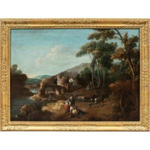 Giuseppe Zais (Forno di Canale 1709 - Trévise 1784) - Paysage avec bergers, troupeaux et pont.