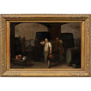 Peintre italien (XVIIIe siècle) - Intérieur d'une cave pendant les vendanges.