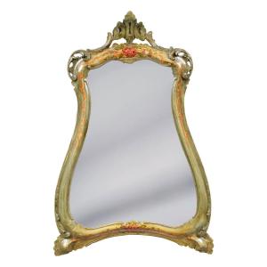 Green Lacquered Mirror With Floral Decoration. Venice, Late 19th Century.