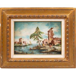 Lucia Ponga Degli Ancillo (venice, XX) - Venetian Capriccio With Ruins, Boats And Figures.