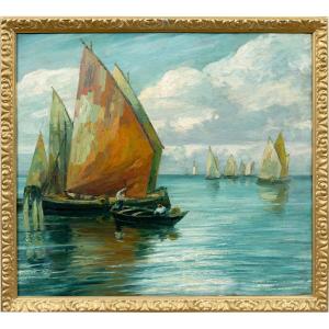 Vittorio Matiolin (active In Venice In The Early XX) - Bragozzi With Raised Sails On The Lagoon
