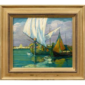 E. Scattolini (active In Venice In The Early XX) - Bragozzi With Raised Sails On The Lagoon.
