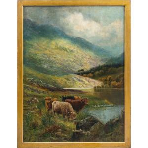 British Painter (late 19th Century) - Highland Cattle By A Lake.