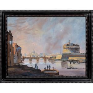 Suiveur d'Ippolito Caffi (XIX siècle) – Rome, vue du Tibre vers le château Saint-Ange.