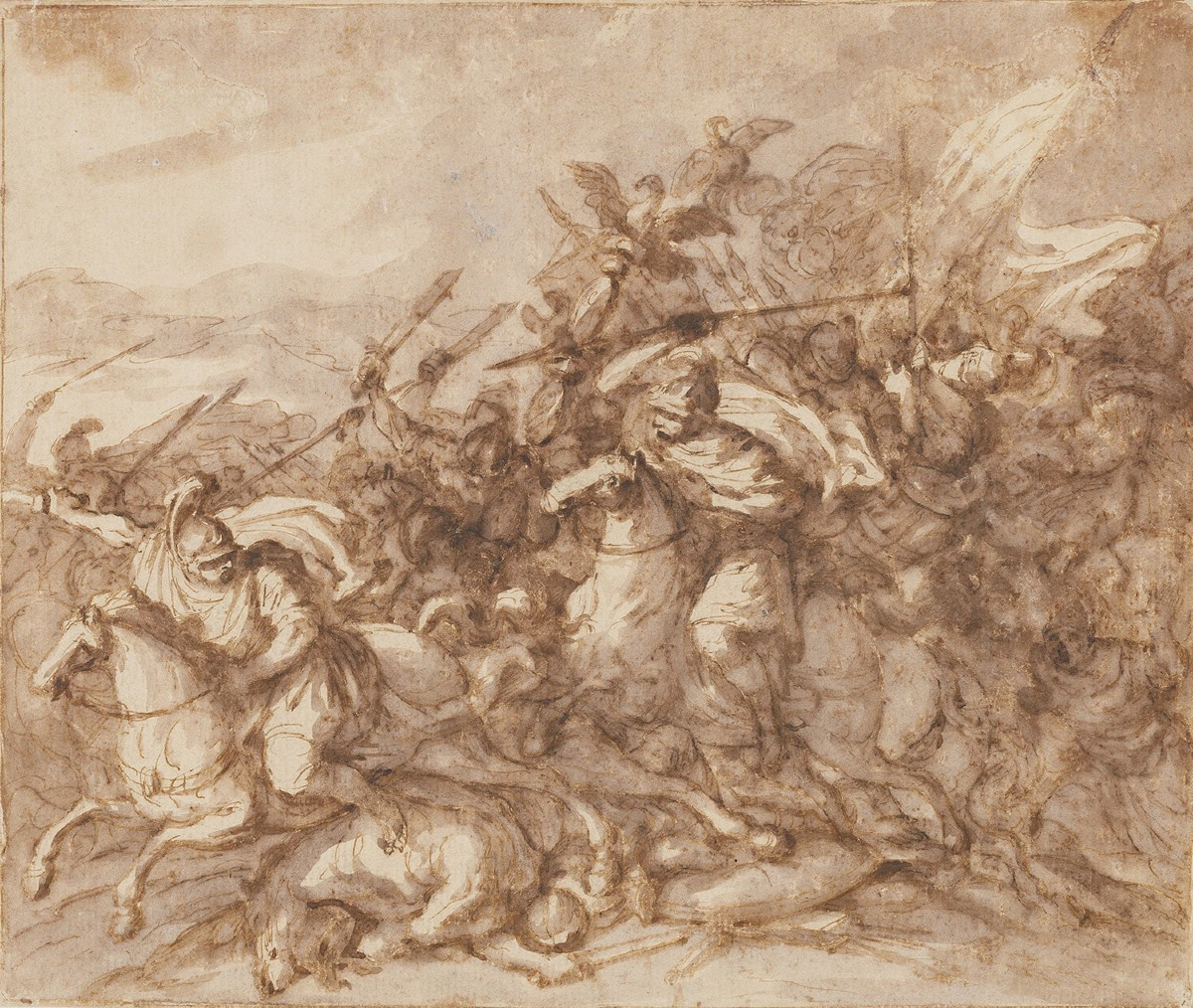 Antonio Tempesta Attrib. – Roman Battle Scene, Pen And Sepia Wash, Circa 1600
