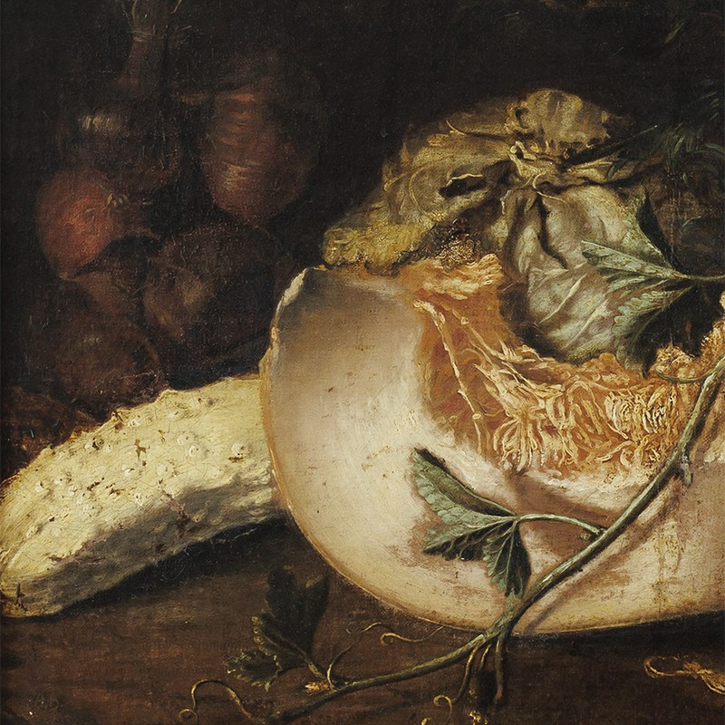 ÉCOLE ITALIENNE (NAPLES ?), XVIIᵉ siècle, NATURE MORTE À LA COURGE, AU MELON ET À L’ARTICHAUT-photo-2