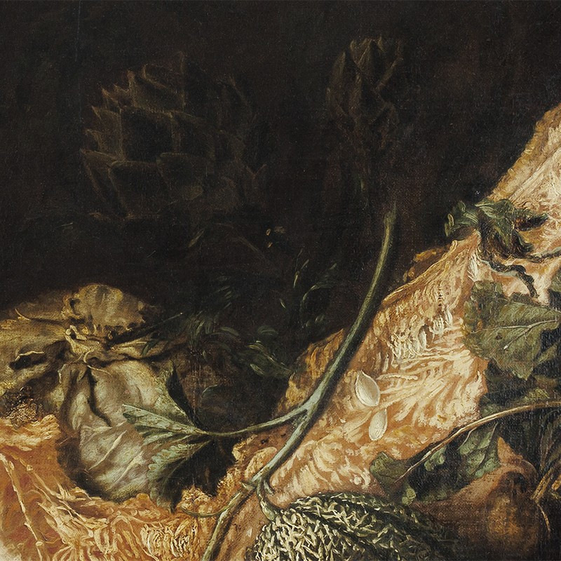 ÉCOLE ITALIENNE (NAPLES ?), XVIIᵉ siècle, NATURE MORTE À LA COURGE, AU MELON ET À L’ARTICHAUT-photo-4