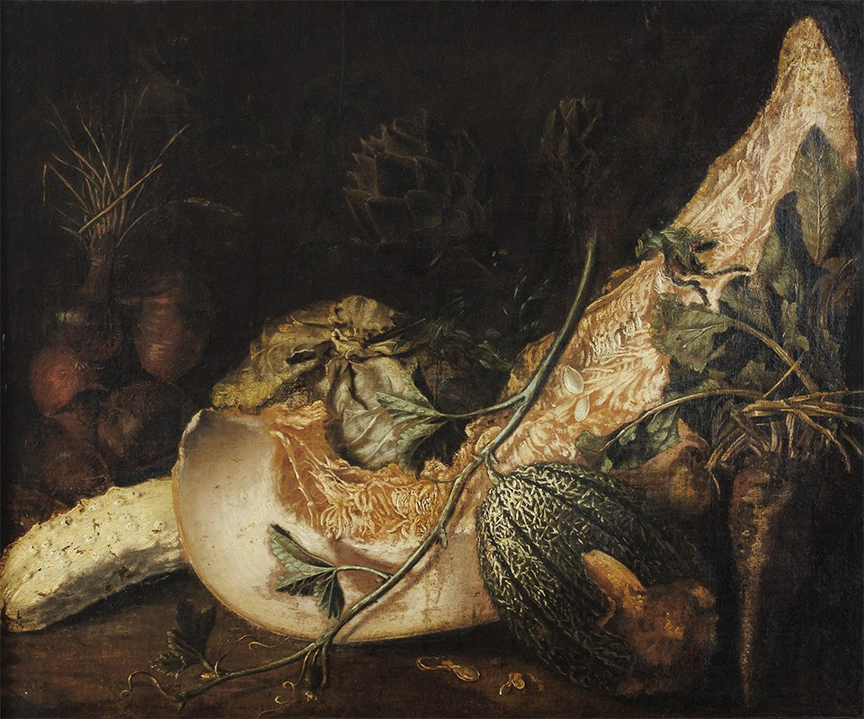 ÉCOLE ITALIENNE (NAPLES ?), XVIIᵉ siècle, NATURE MORTE À LA COURGE, AU MELON ET À L’ARTICHAUT
